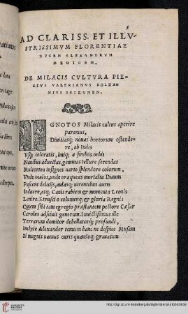 Widmung [Ad clariss. et illvstrissimvm florentiae dvcem Alexandrvm Medicem: De Milacis cvltvra]