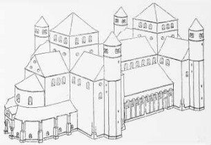 Hildesheim, St. Michael, ehem. Benediktiner-Klosterkirche, Rekonstruktion des ersten Baus nach Fertigstellung um 1022, von Südwesten