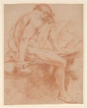 Vouet, Simon: Zeichnungen I, Blatt 85: Sitzende männliche Aktfigur mit angezogenem linken Knie, auf das der Kopf geneigt ist - BSB Cod.icon. 397 a(85