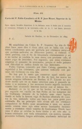 Núm. 23. Carta del Pablo Cavallería al R. P. Juan Ricart, Superior dela Misión
