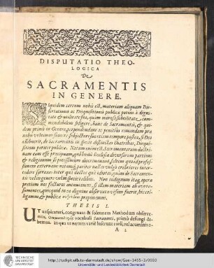 Disputatio Theologica. De Sacramentis in Genere
