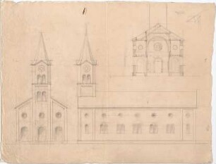 Voit, August von; Albersweiler (Rheinland-Pfalz); Protestantische Kirche - Eingangsseite m. Turm (Ansichten, Querschnitt)