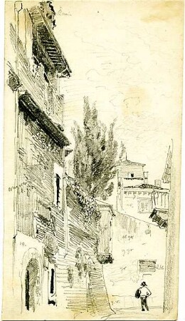 Döllgast, Hans; Italien u.a.; Reisezeichnungen - Eckhaus mit Erker in enger Gasse (Perspektivische Ansicht)