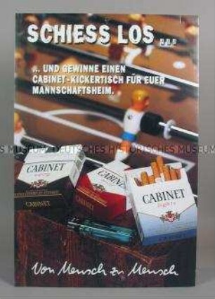 Werbeschild (beidseitig) mit Werbeaufdruck für "CABINET würzig"-, "CABINET mild"- und "CABINET lights"-Zigaretten, "SCHIESS LOS..."