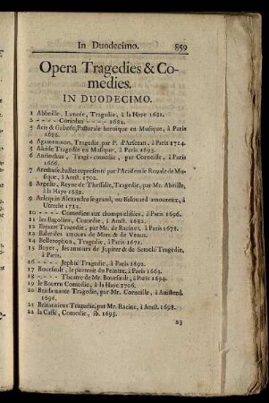 Opera Tragedies & Comedies. In Duodecimo – Journaux. In Duodecimo