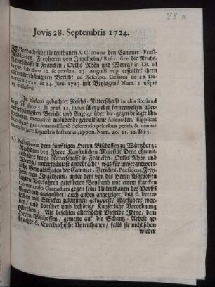 Jovis 28. Septembris 1724. : Euerbachische Unterthanen A. C. contra den Cammer-Præsidenten, Freyherrn von Ingelheim ...