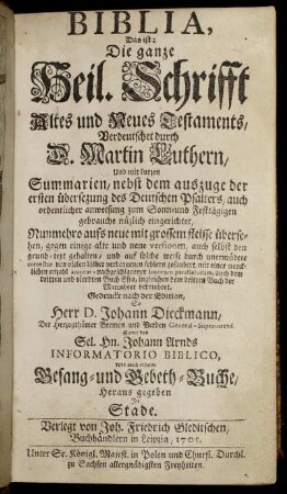 Biblia, Das ist: Die ganze Heil. Schrifft Altes und Neues Testaments