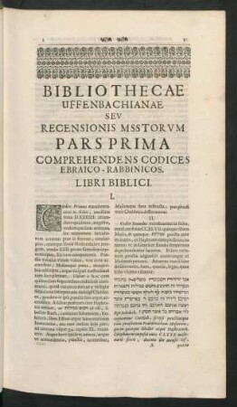 Bibliothecae Uffenbachianae Seu Recensionis Msstorum Pars Prima Comprehendens Codices Ebraico-Rabbinicos.