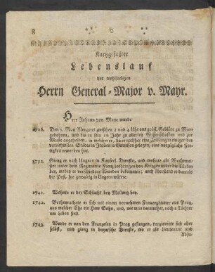Kurzgefaßter Lebenslauf des wohlseeligen Herrn General-Major v. Mayr.
