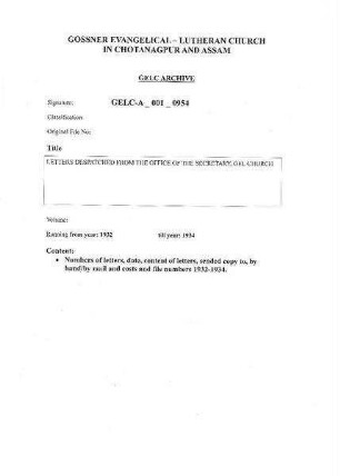 LETTERS DESPATCHED FROM THE OFFICE OF THE SECRETARY, GEL CHURCH