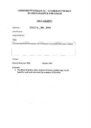 LETTERS DESPATCHED FROM THE OFFICE OF THE SECRETARY, GEL CHURCH