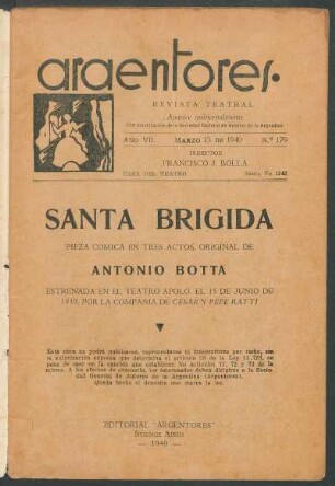 1940017900: Santa Brígida : pieza cómica en tres actos
