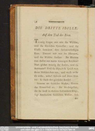 Die Dritte Idylle. Auf den Tod des Bion.
