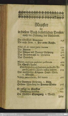 Register der in diesem Buch befindlichen Poesien, nach der Ordnung des Alphabets