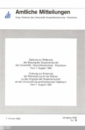 Satzung zur Änderung der Satzung der Studentenschaft der Universität - Gesamthochschule - Paderborn : vom 7. August 1989