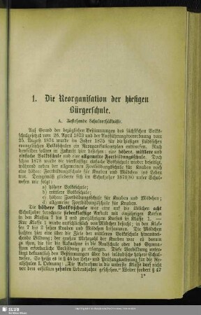 1. Die Reorganisation der hiesigen Bürgerschule