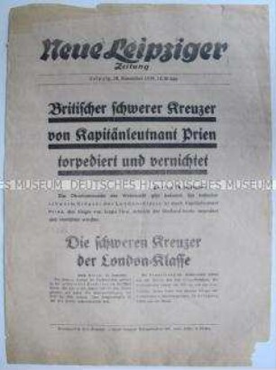 Extrablatt der "Neuen Leipziger Zeitung" zur Torpedierung eines britischen Kriegsschiffes durch Kapitänleutnant Prien