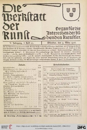 Inhalt / Arbeitskalender / Mitteilungen der Allgemeinen Deutschen Kunstgenossenschaft / Geplante Ausstellungen / Eröffnete Ausstellungen / Laufende Preisausschreiben
