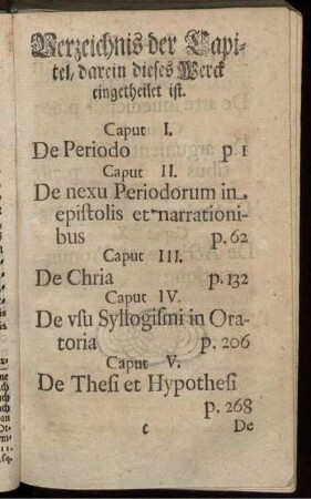 Verzeichnis der Capitel, darein dieses Werck eingetheilet ist.