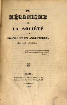 Du mécanisme de la société en France et en Angleterre
