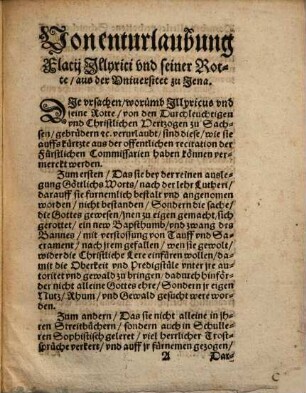 Von enturlaubung Flacij Illyrici vnd seiner Rotte aus der Universitet zu Jena