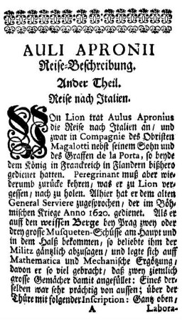 Auli Apronii. Reise-Beschreibung. Ander Theil. Reise nach Italien.