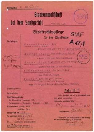 Angeklagte: Sernatinger, Karl (Gastwirt), Unteruhldingen *25.04.1890 in Ludwigsburg; + ? Sernatinger, Franziska, Unteruhldingen *30.08.1889 in Unteruhldingen; + ? Sernatinger, Josefine, Unterruhldingen *25.02.1903 in Unteruhldingen; + ? Winterhalter, Ida, Unteruhldingen *14.12.1896 in Unterruhldingen; + ? Wagner, Karolina, Oberruhldingen *30.10.1909 in Maurach; + ? Delikt: Verbrechen gegen die Kriegswirtschaftsverordnung (Bezug von Fleischwaren ohne Bezugsschein) Tatorte: Unterruhldingen, Oberruhldingen Tatzeit: September 1939-Juni 1941