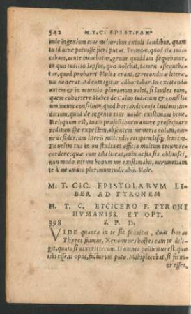 M. T. Cic. Epistolarum Liber Ad Tyronem