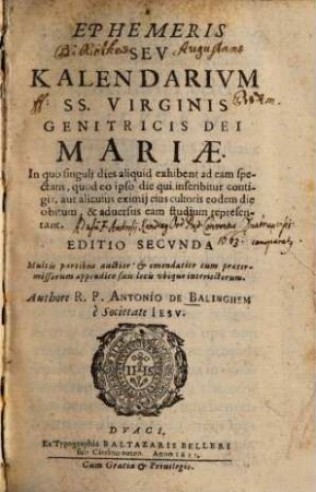 Ephemeris seu Kalendarium SS. Virginis Genetricis Dei Mariae