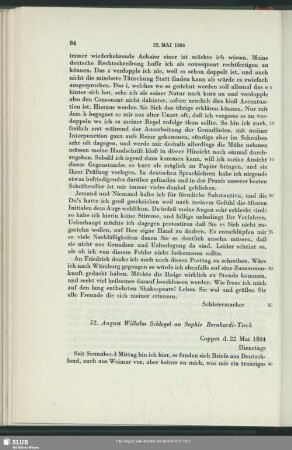 August Wilhelm von Schlegel an Sophie Bernhardi, Coppet, 22.05.1804