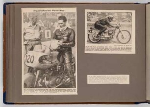 Albumseite mit Zeitungsausschnitten : Fotoalbum zum Rennsport in der DDR ab 1951. Kartoneinband mit Kordelbindung; 24,5 x 35 x 2 cm (1951). Dresden: SLUB/DF 2017.D.39