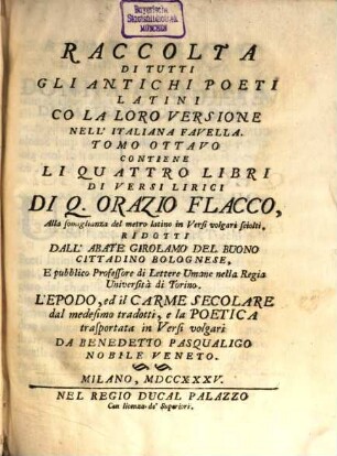 Li Quattro Libri Di Versi Lirici Di Q. Orazio Flacco