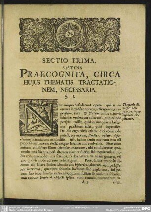 Sectio Prima, Sistens Praecognita, Circa Huius Thematis Tractationem, Necessaria