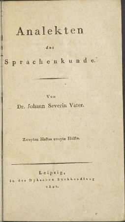 Heft 2, Hälfte 2: Analekten der Sprachenkunde