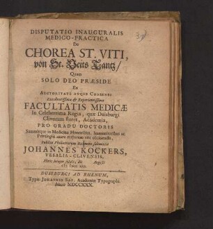 Disputatio Inauguralis Medico-Practica De Chorea St. Viti, von St.-Veits-Tantz