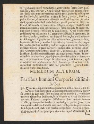 Membrum Alterum, De Partibus humani Corporis diffimilaribus.