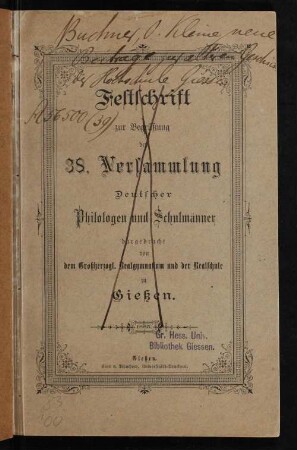 Festschrift zur Begrüßung der 38. Versammlung Deutscher Philologen und Schulmänner dargebracht