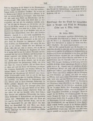 181-184 Bemerkungen über den Stand der evangelischen Union in Preußen nach Erlaß der Königlichen Ordre vom 6. März 1852