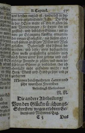 Die andere Abtheilung/ Von den Glückwünschungs-Schreiben/ wegen erlebten Geburts- und Nahmens-Tag.