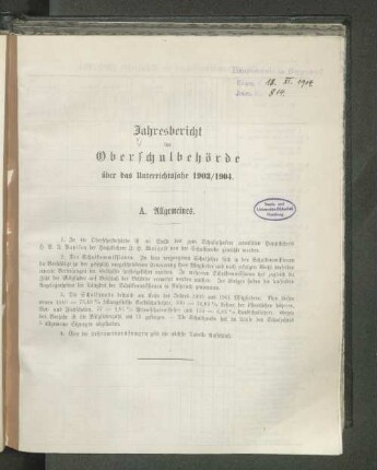 1903/04: Jahresbericht der Oberschulbehörde