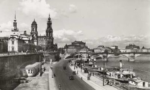 Dresden, Blick von der Brühlschen Terrasse über das Terrassenufer mit Dampferanlegestelle nach Westen
