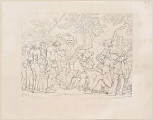 Zu Shakespeares "König Heinrich IV.", Teil 2, Blatt 9, 4. Akt, 4. Szene: Falstaff und Schaal am Tisch sitzend bei der Musterung der Rekruten