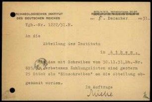 Postkarte; AIDR an DAI Athen (Zahlungslisten)