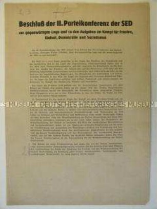 Sonderdruck mit dem Text des Beschlusses der 2. Parteikonferenz der SED zur politischen und wirtschaftlichen Lage und zur Parteiarbeit
