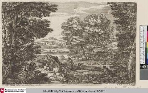 [Hügelige Landschaft mit zwei rastenden Hirten, im Hintergrund eine Schafherde; Landscape with a Shepherd and his Herd; Le berger]