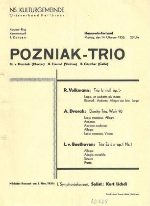 Programmzettel der NS-Kulturgemeinde zum 1. Kammermusik-Konzert mit dem Pozniak-Trio