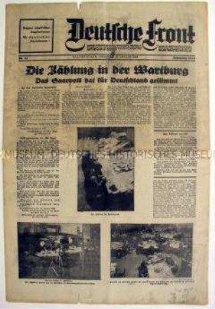 Nationalsozialistische Tageszeitung aus dem Saarland "Deutsche Front" zu den Ergebnissen der Saar-Abstimmung