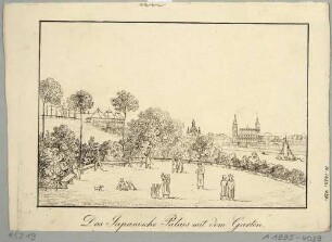 Der Garten des Japanischen Palais in Dresden, Blick nach Osten auf das Japanische Palais und die Altstadt von Dresden