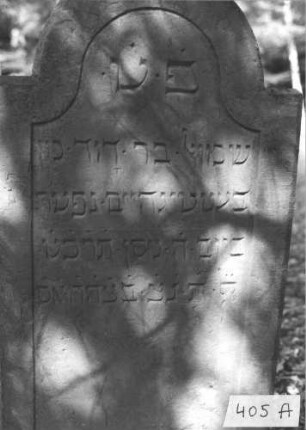 Grabstein 405 (Index: 99895857) Material: Sandstein Zustand: sehr gut Maße HxBxT: 142x63x11 cm Beschreibung: Stele mit eingezogenem Rundbogenabschluss: Grabstein 405A