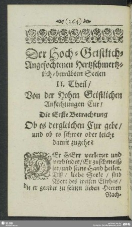 II. Theil, Von der Hohen Geistlichen Anfechtungen Cur